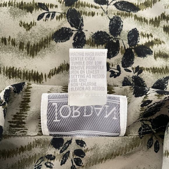 Vintage Blouse Top Size Small Olive Green Boho Leaf Print Long Sleeve Button - Picture 11 of 13